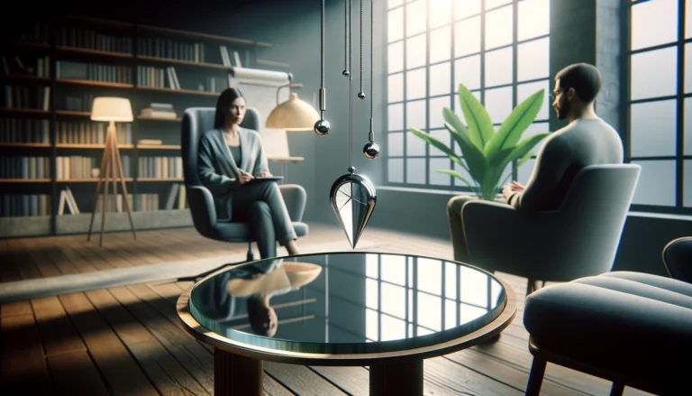 dall·e 2024 03 03 07.55.52 create a new, yet similarly themed image that conveys the essence of hypnotherapy, focusing on the use of a pendulum in a different, but equally reali